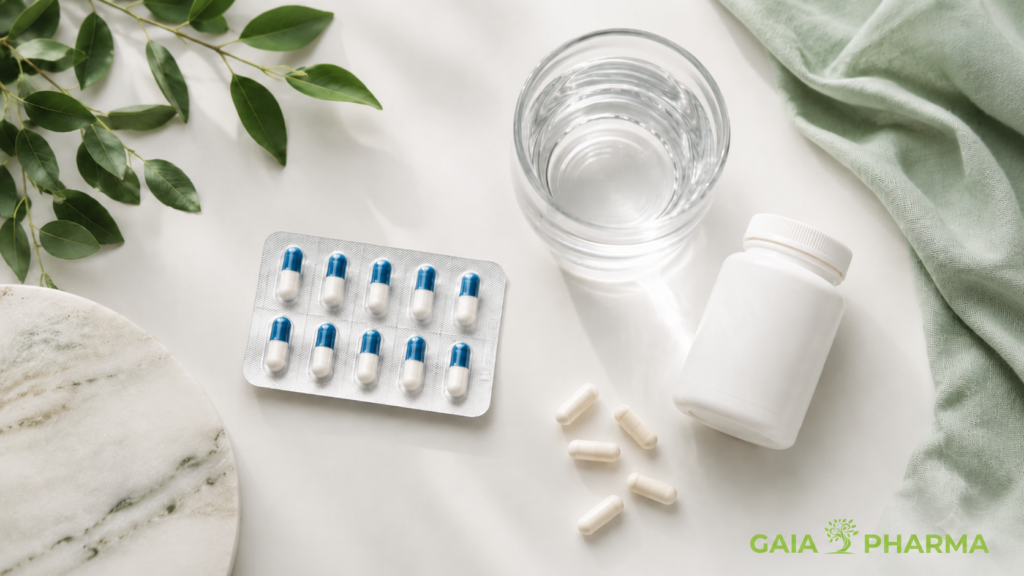Antibiotikë, probiotikë dhe gotë me ujë në një imazh farmaceutik për përdorimin e kujdesshëm të antibiotikëve