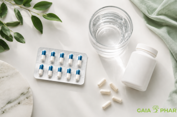 Antibiotikë, probiotikë dhe gotë me ujë në një imazh farmaceutik për përdorimin e kujdesshëm të antibiotikëve