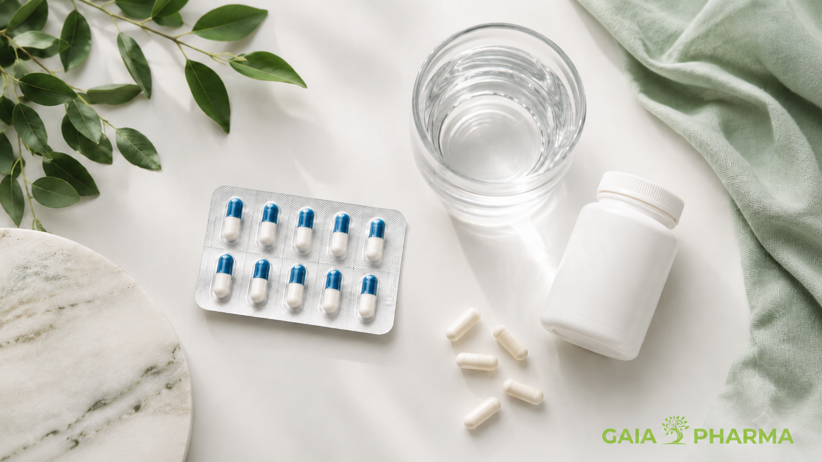 Antibiotikë, probiotikë dhe gotë me ujë në një imazh farmaceutik për përdorimin e kujdesshëm të antibiotikëve