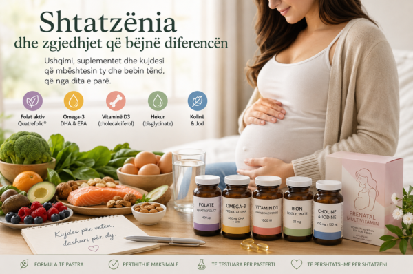 Grua shtatzënë me vitamina prenatale, omega-3 DHA, ushqime të shëndetshme dhe gotë ujë mbi tavolinë të pastër