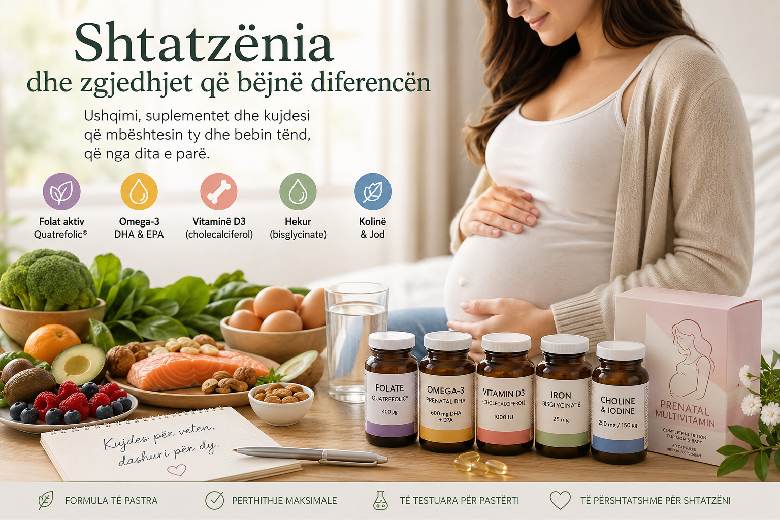 Grua shtatzënë me vitamina prenatale, omega-3 DHA, ushqime të shëndetshme dhe gotë ujë mbi tavolinë të pastër