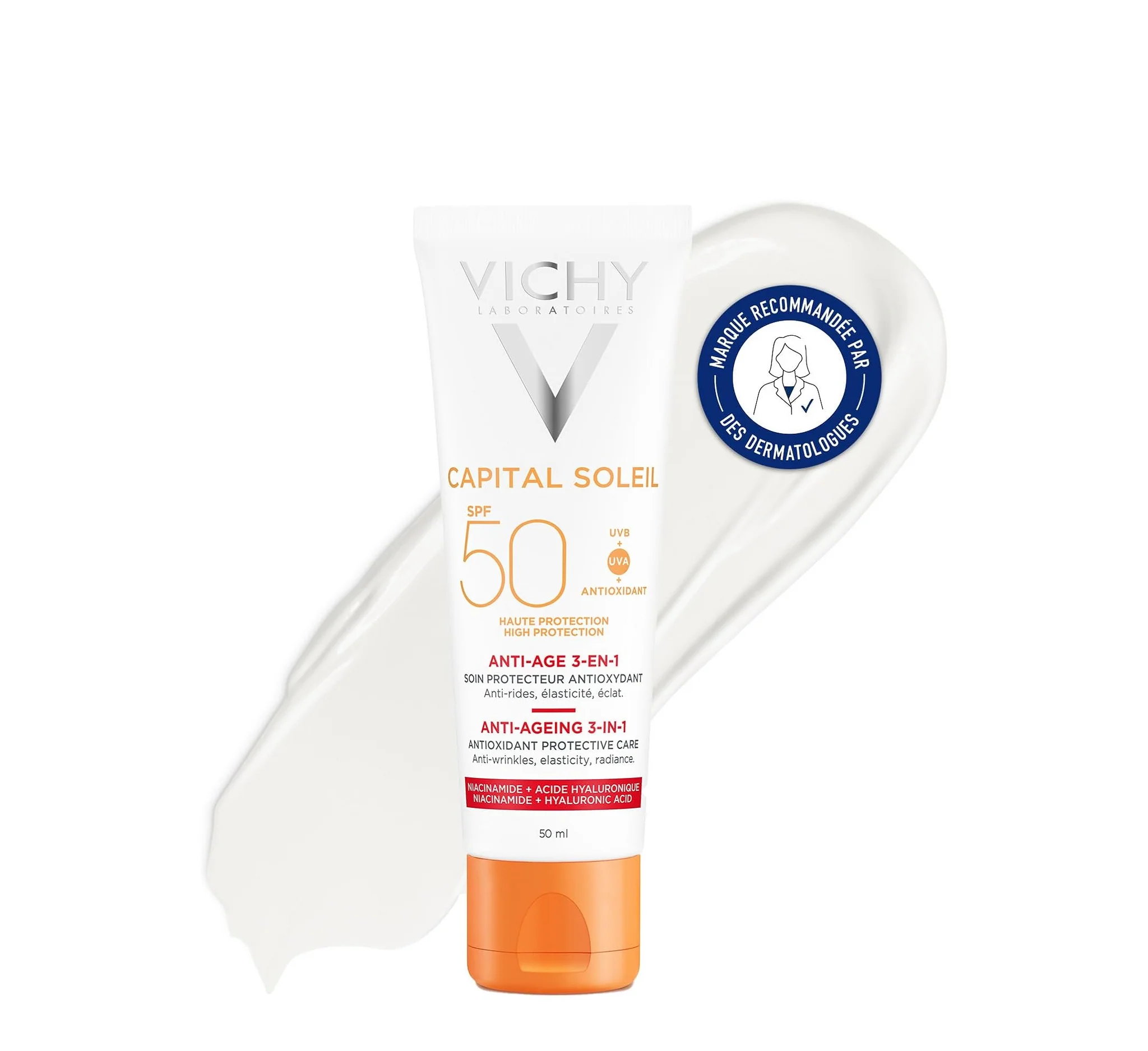 Vichy Capital Soleil Anti-Ageing 3-in-1 SPF50+ krem mbrojtës për fytyrën me niacinamide dhe acid hialuronik