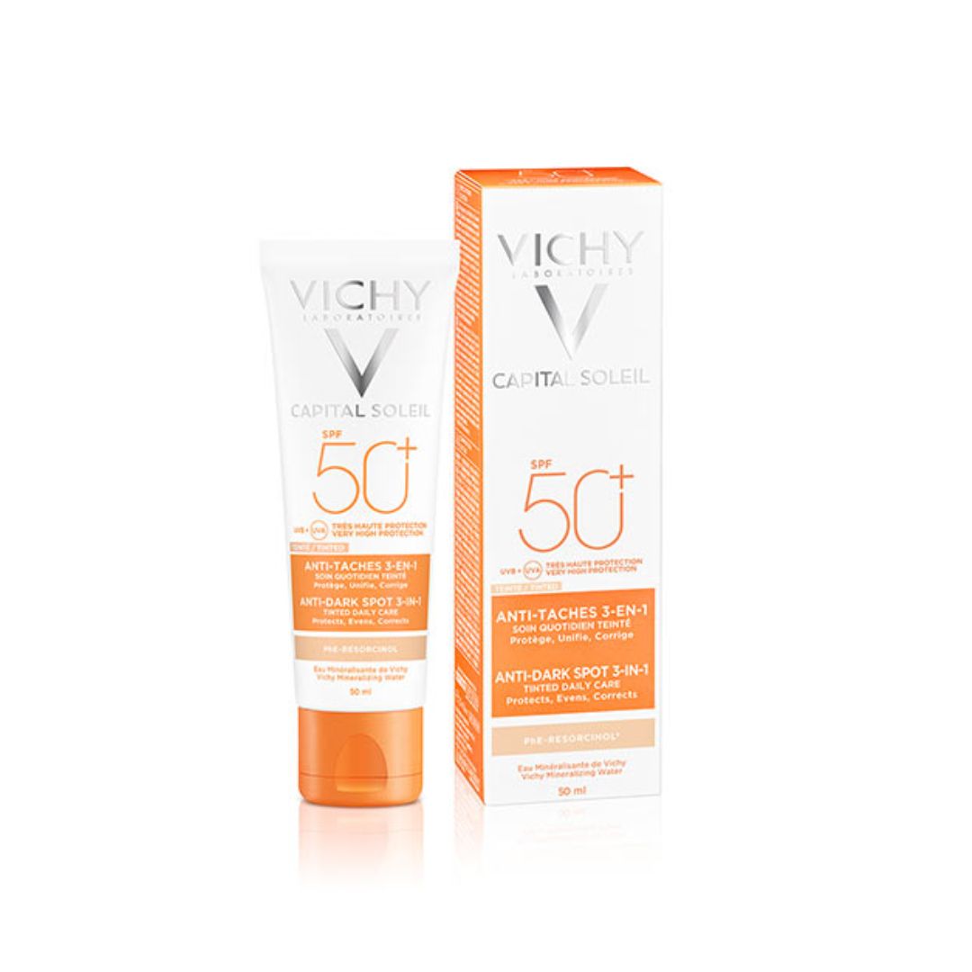 Vichy Capital Soleil Tinted Anti-Dark Spot 3-in-1 SPF50+ krem me ngjyrë kundër njollave dhe hiperpigmentimit