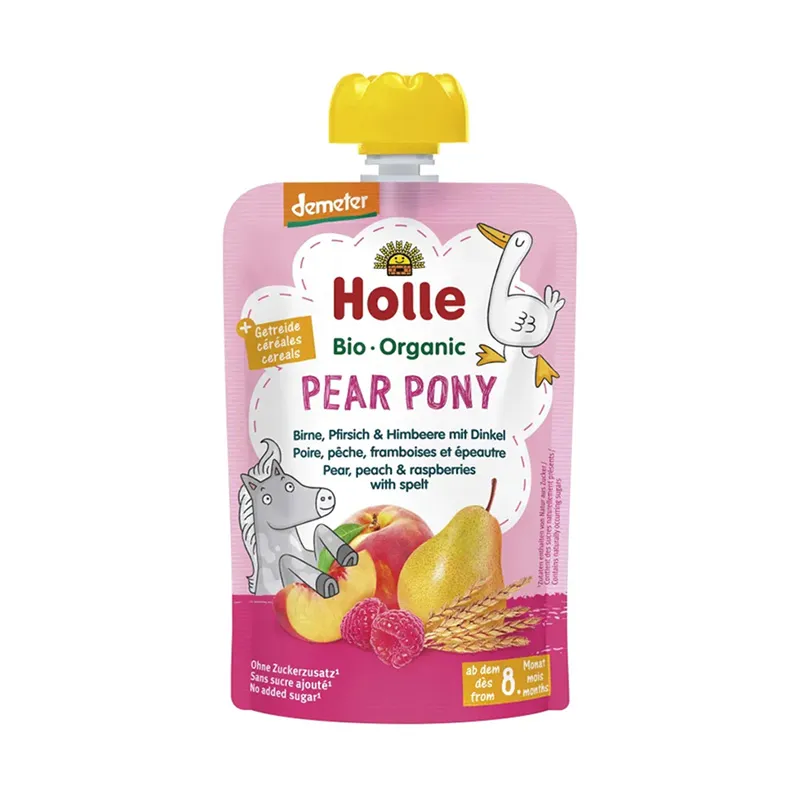 Holle Pear Pony Pouch, pouch Holle, dardhë si shije kryesore, ushqim për bebe, Gaia Pharma