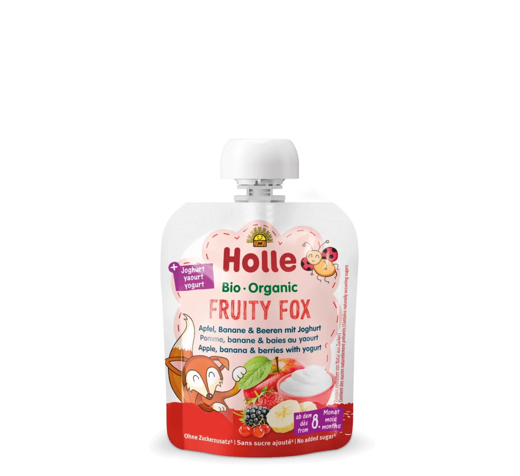 Holle Fruity Fox Pouch, pouch Holle, mollë, banane dhe manaferra me kos, ushqim për bebe, Gaia Pharma