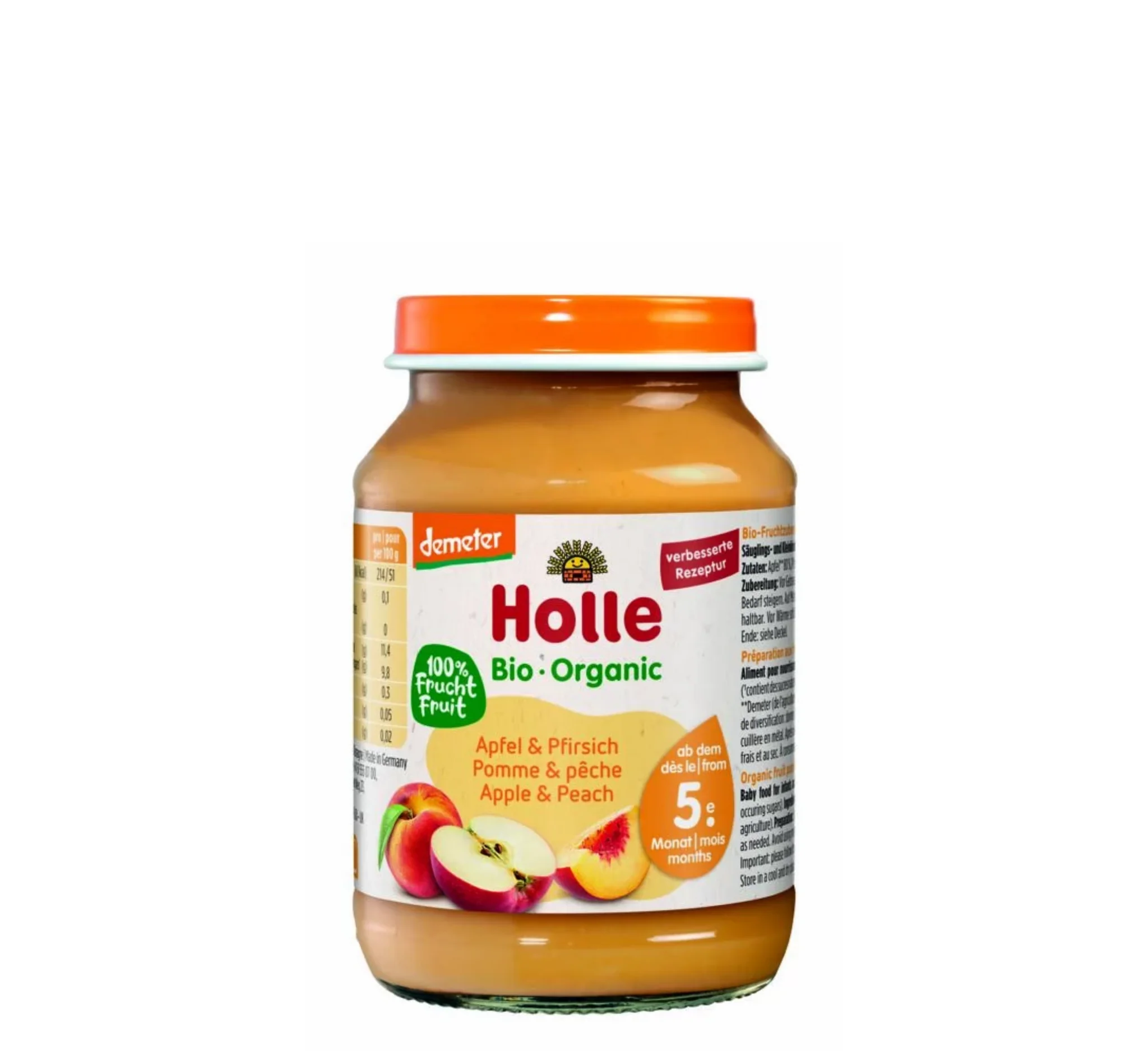 Holle Apple & Peach Puree, pure frutash Holle, mollë dhe pjeshkë, kavanoz për bebe, Gaia Pharma