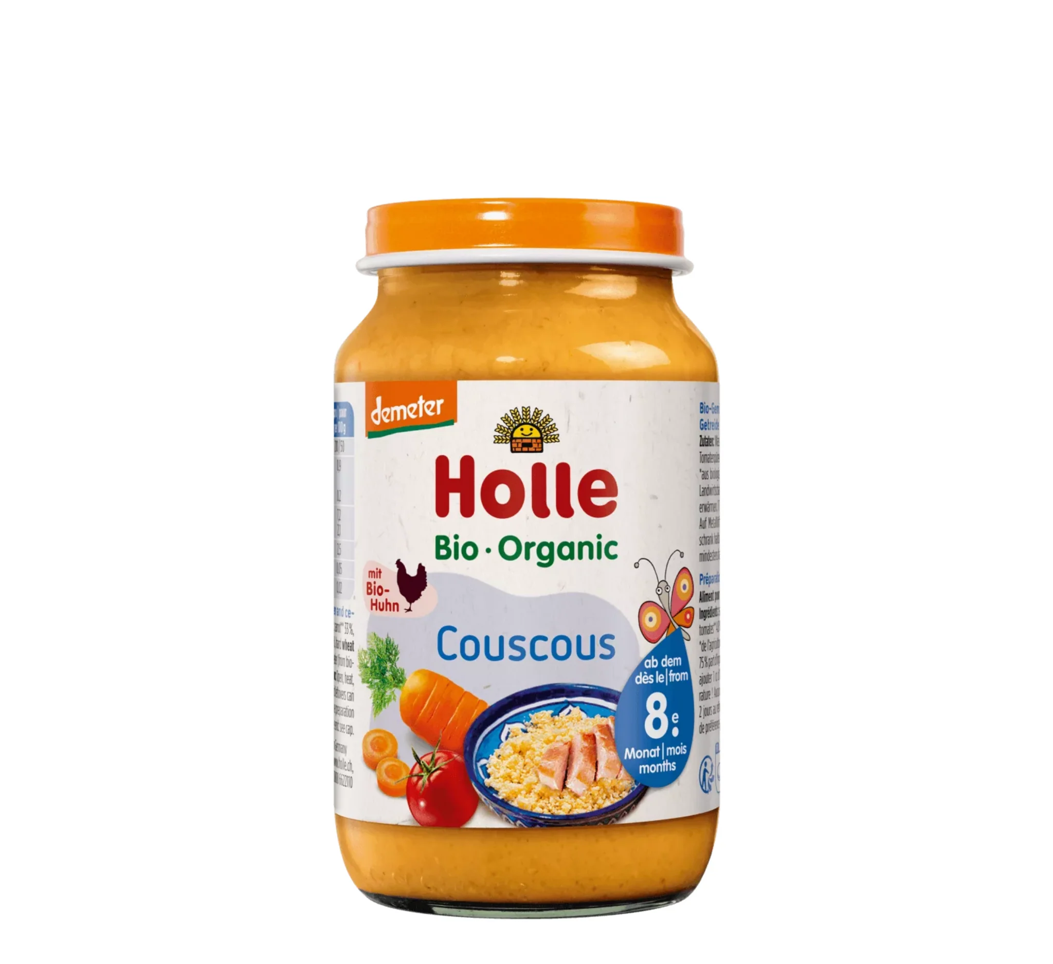 Holle Couscous Jar, vakt i kripur Holle, couscous si bazë e një vakti të kripur për bebe, kavanoz për bebe, Gaia Pharma