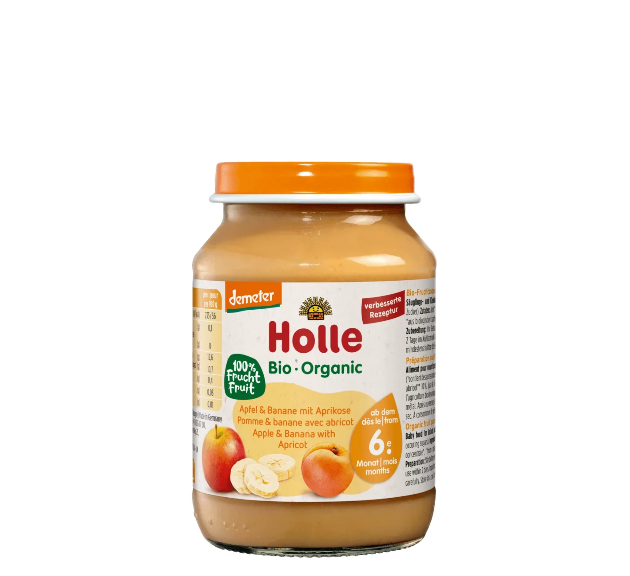 Holle Apple Banana & Apricot Puree, pure frutash Holle, mollë, banane dhe kajsi, kavanoz për bebe, Gaia Pharma