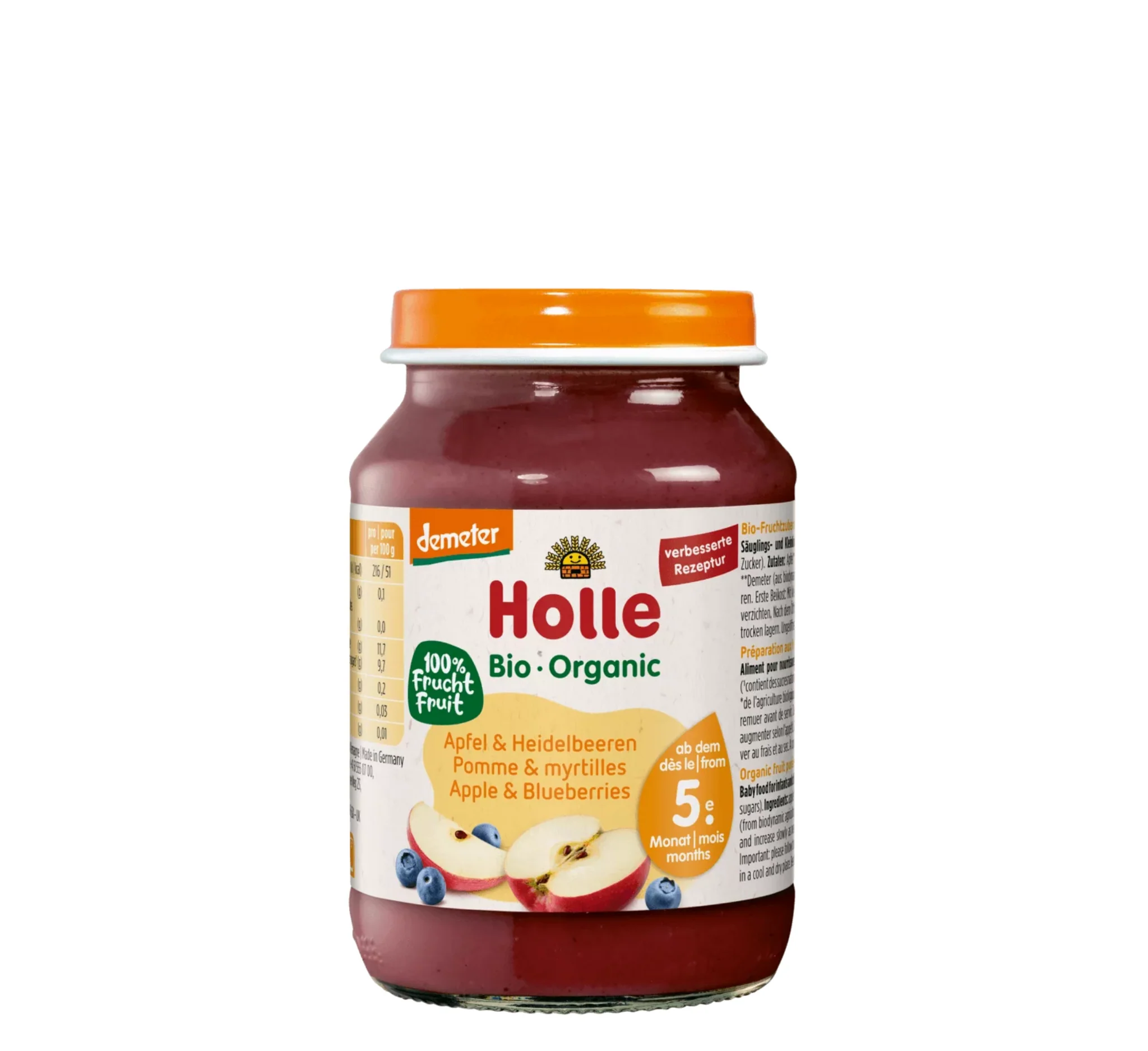 Holle Apple & Bilberry Puree, pure frutash Holle, mollë dhe boronicë të egër, kavanoz për bebe, Gaia Pharma
