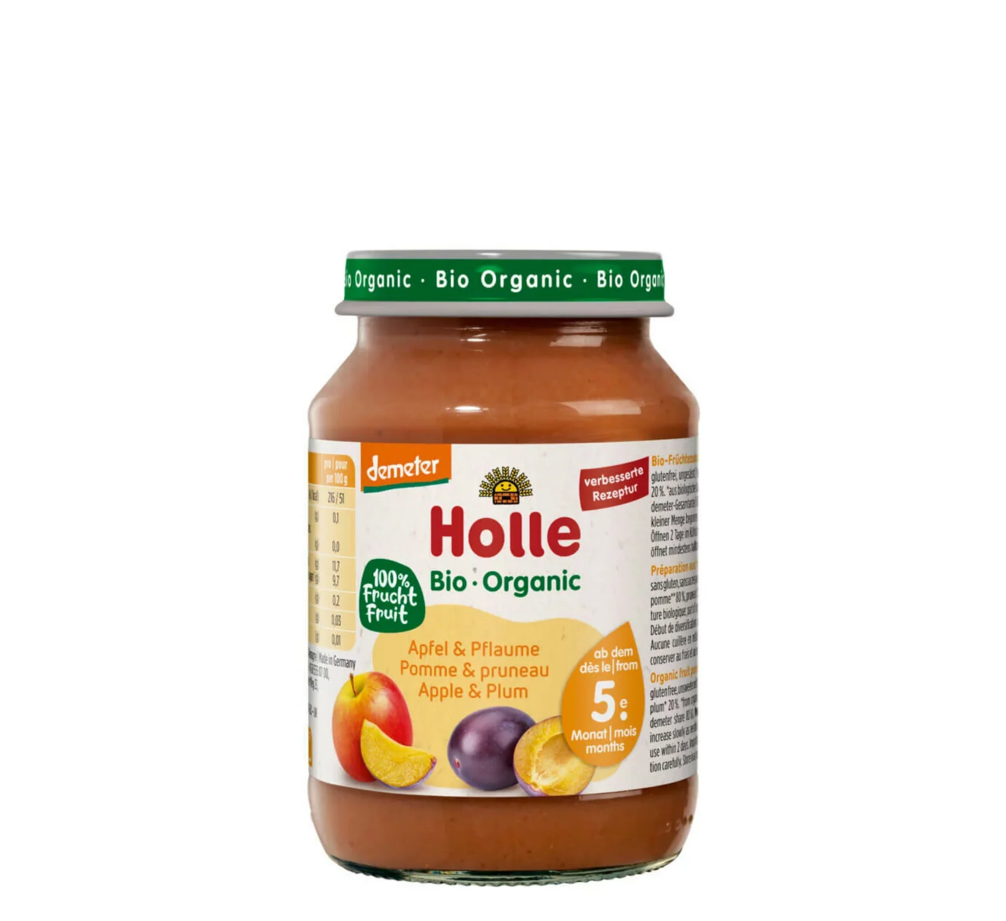 Holle Apple & Plum Jar, pure frutash Holle, mollë dhe kumbull, kavanoz për bebe, Gaia Pharma