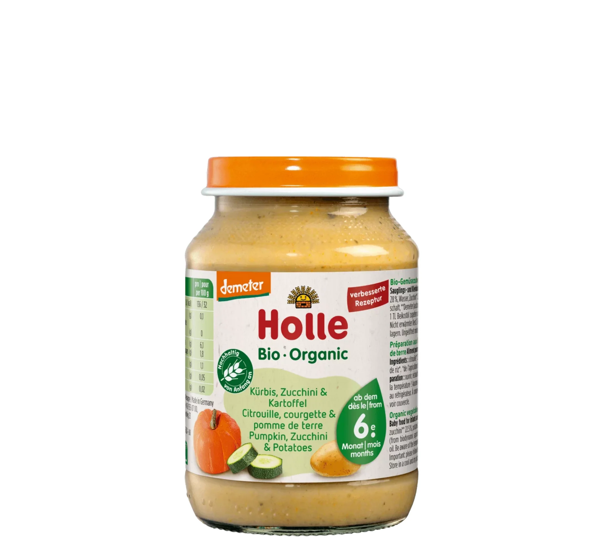 Holle Pumpkin Zucchini Potatoes pure, kungull, kungulleshkë dhe patate organike, për ushqim plotësues