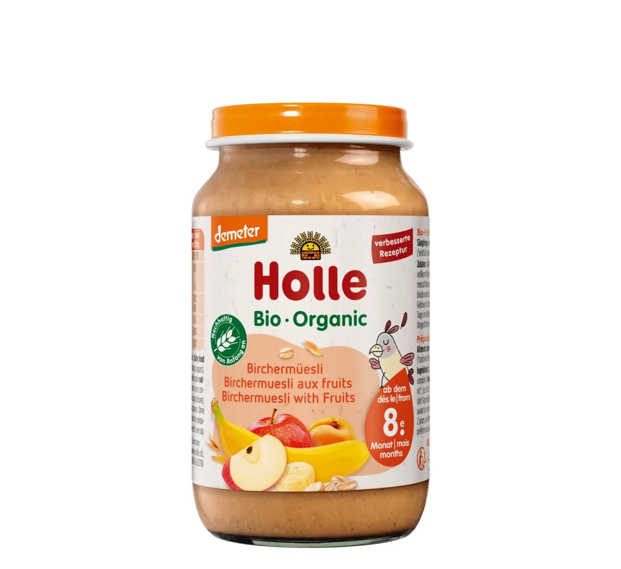 Holle Bircher Muesli Fruit Puree, pure frutash Holle, fruta dhe Bircher muesli, për fëmijë nga 8 muaj, kavanoz për bebe, Gaia Pharma