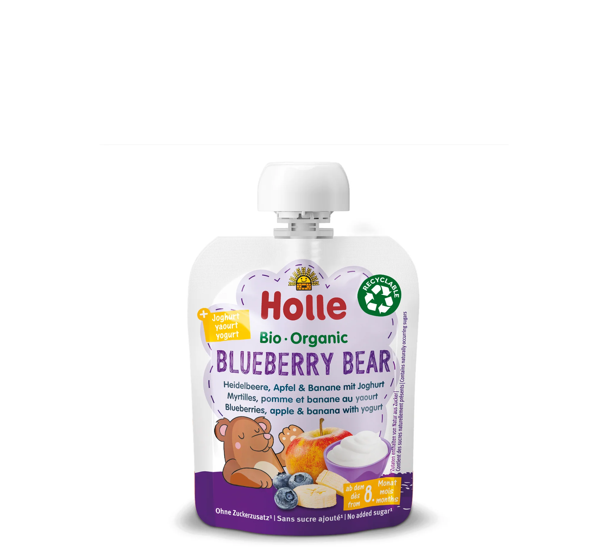 Holle Blueberry Bear Pouch, pouch Holle, boronicë, mollë dhe banane me kos, ushqim për bebe, Gaia Pharma