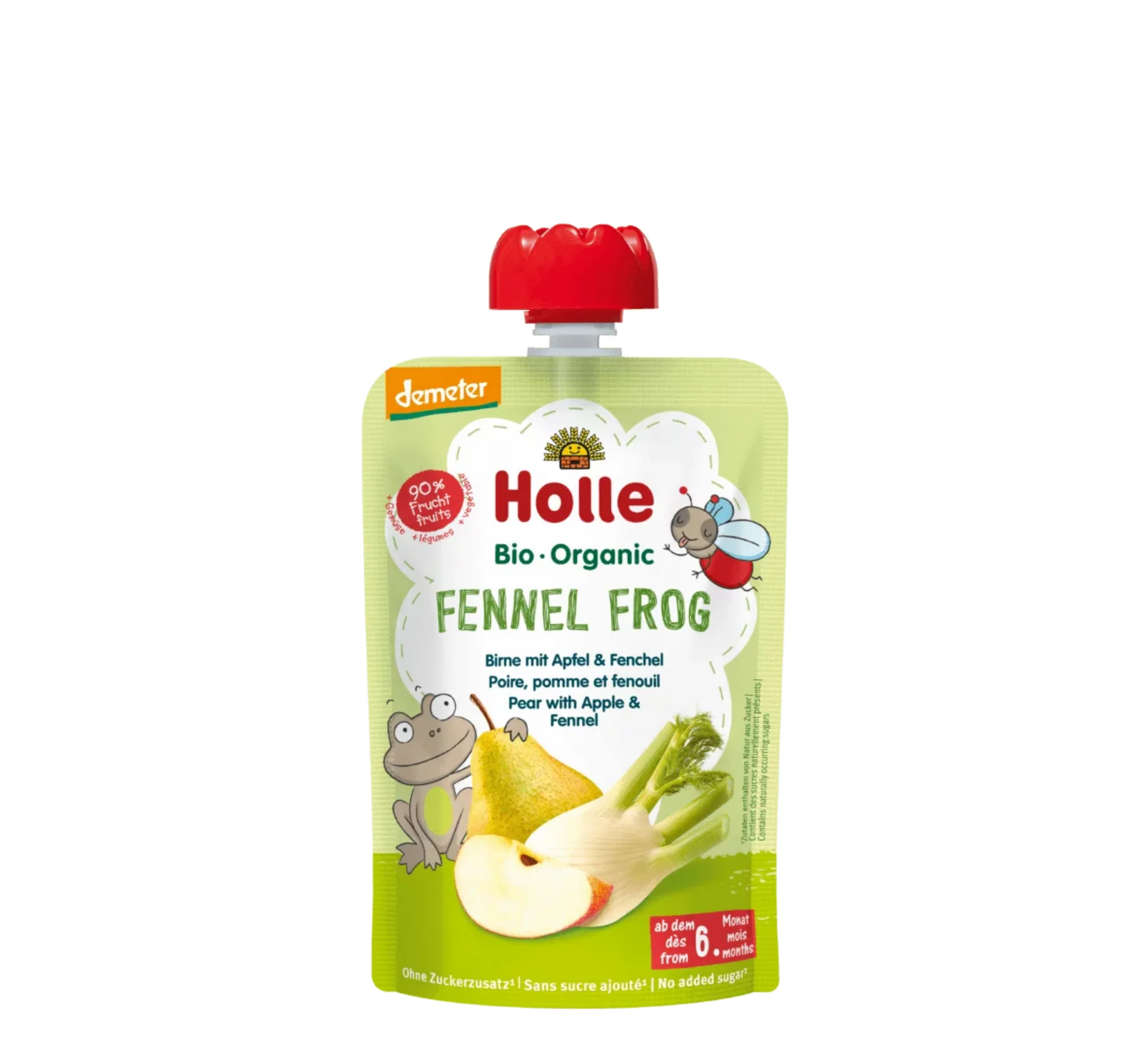 Holle Fennel Frog Pear with Apple Pouch, pouch Holle, dardhë dhe mollë me profil frutor të butë, ushqim për bebe, Gaia Pharma