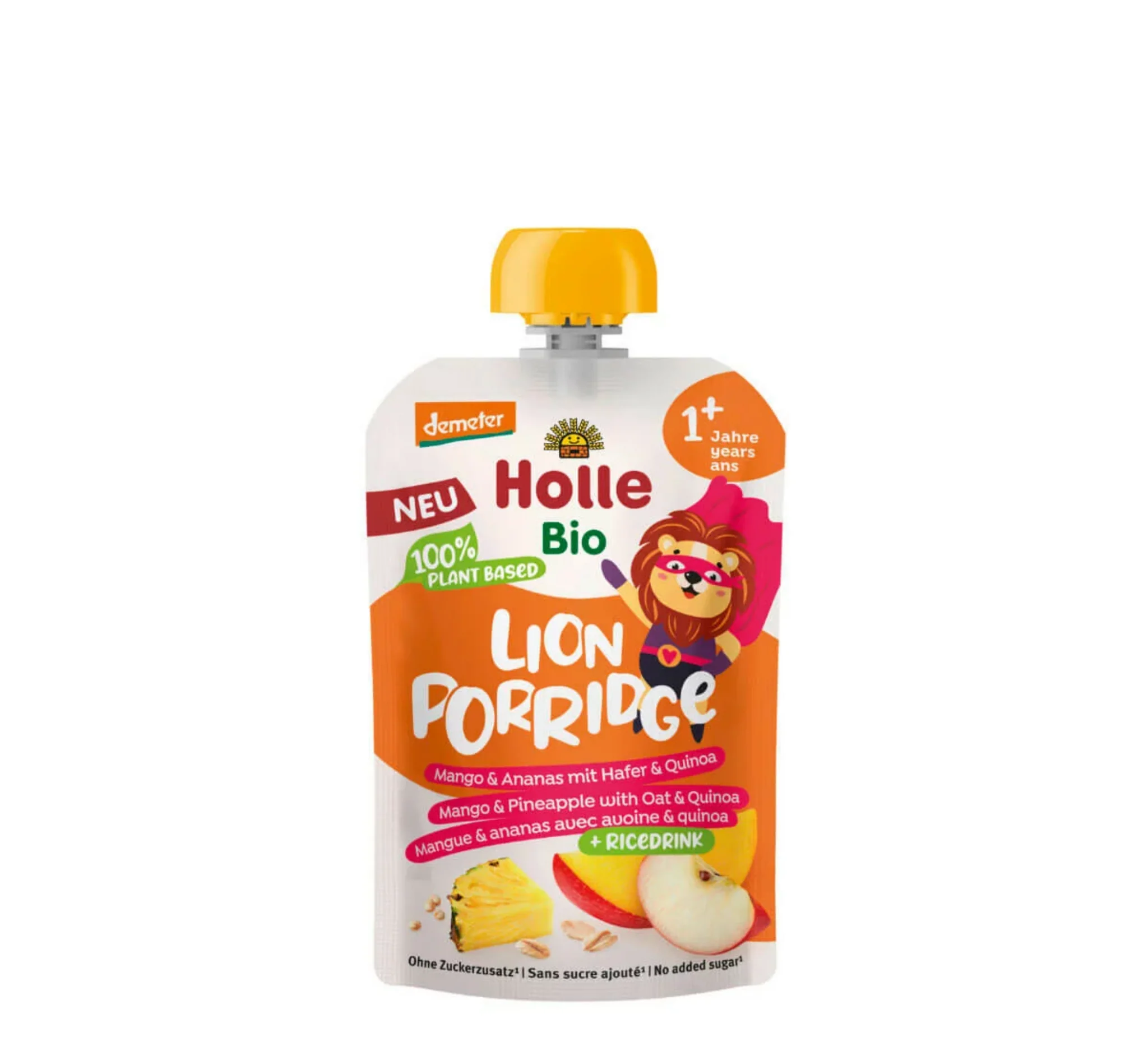 Holle Lion Porridge Pouch, pouch Holle, mango dhe ananas me tërshërë e quinoa, me bazë bimore nga pije orizi, ushqim për bebe, Gaia Pharma