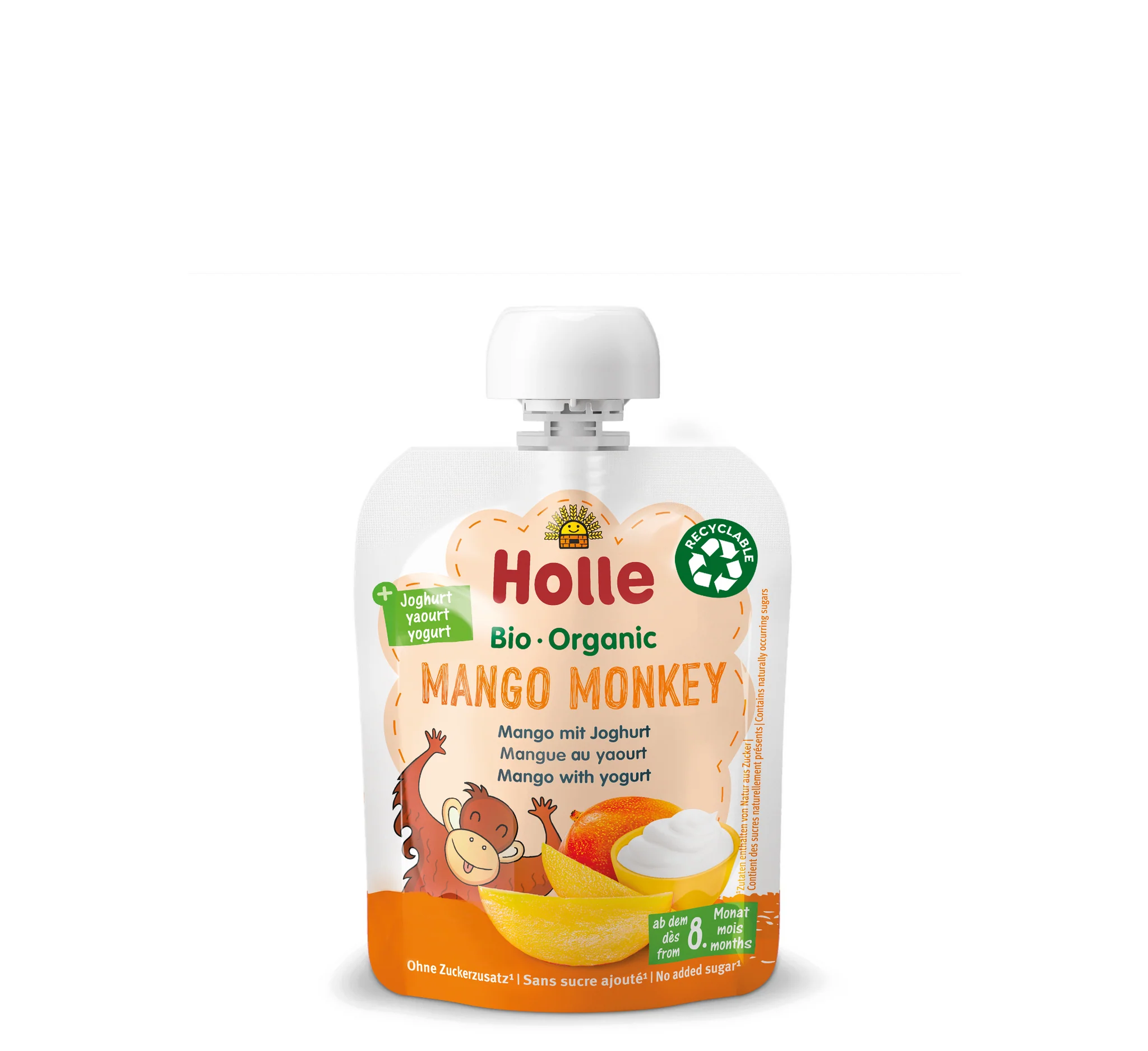 Holle Mango Monkey Pouch, pouch Holle, mango si profil kryesor frutor, ushqim për bebe, Gaia Pharma
