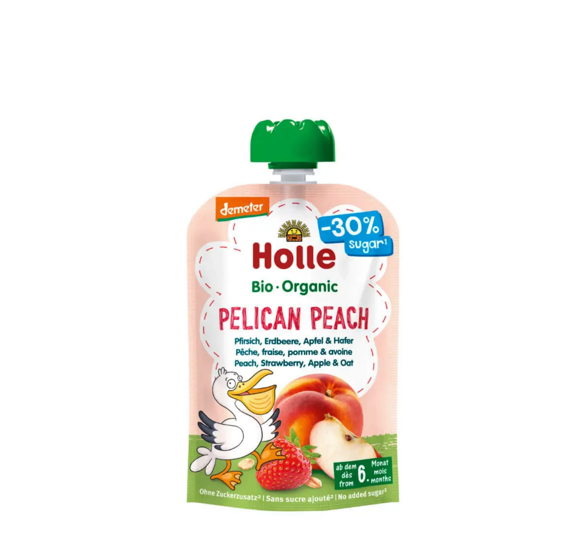 Holle Pelican Peach Pouch, pouch Holle, pjeshkë, mollë, luleshtrydhe dhe tërshërë, ushqim për bebe, Gaia Pharma
