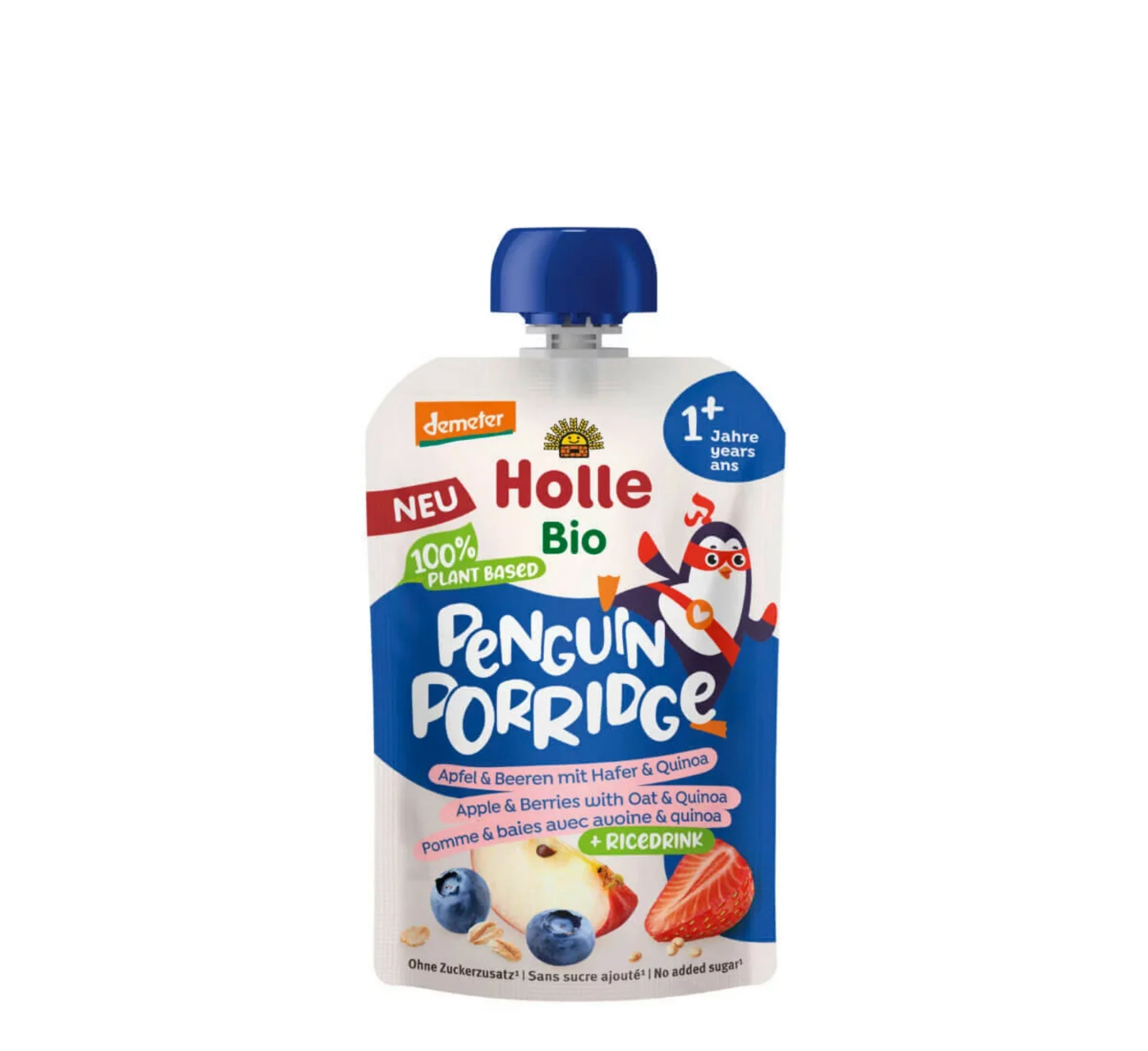 Holle Penguin Porridge Pouch, pouch Holle, mollë dhe manaferra me tërshërë e quinoa, me bazë bimore nga pije orizi, ushqim për bebe, Gaia Pharma