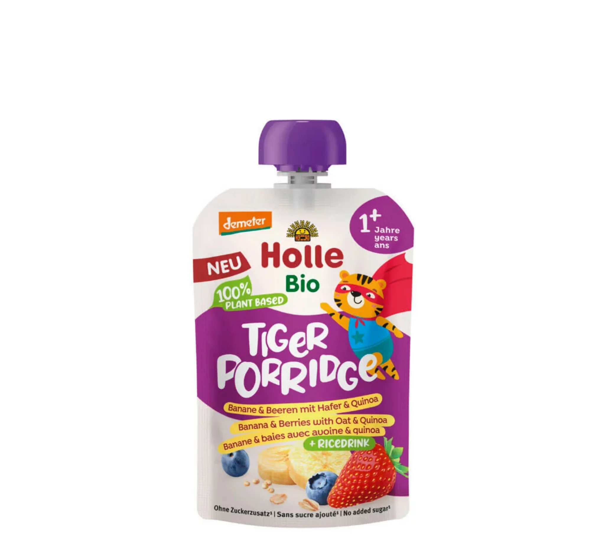 Holle Tiger Porridge Pouch, pouch Holle, banane dhe manaferra me tërshërë e quinoa, me bazë bimore nga pije orizi, ushqim për bebe, Gaia Pharma