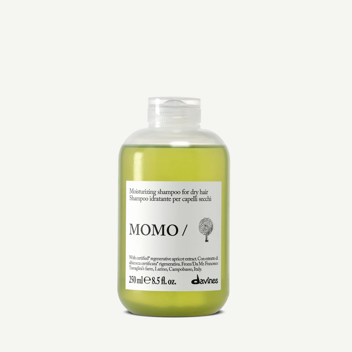 Davines MOMO Shampoo për flokë të thatë ose të dehidratuar që kërkojnë lagështi dhe butësi dhe rutinë të synuar sipas tipit të flokut ose skalpit