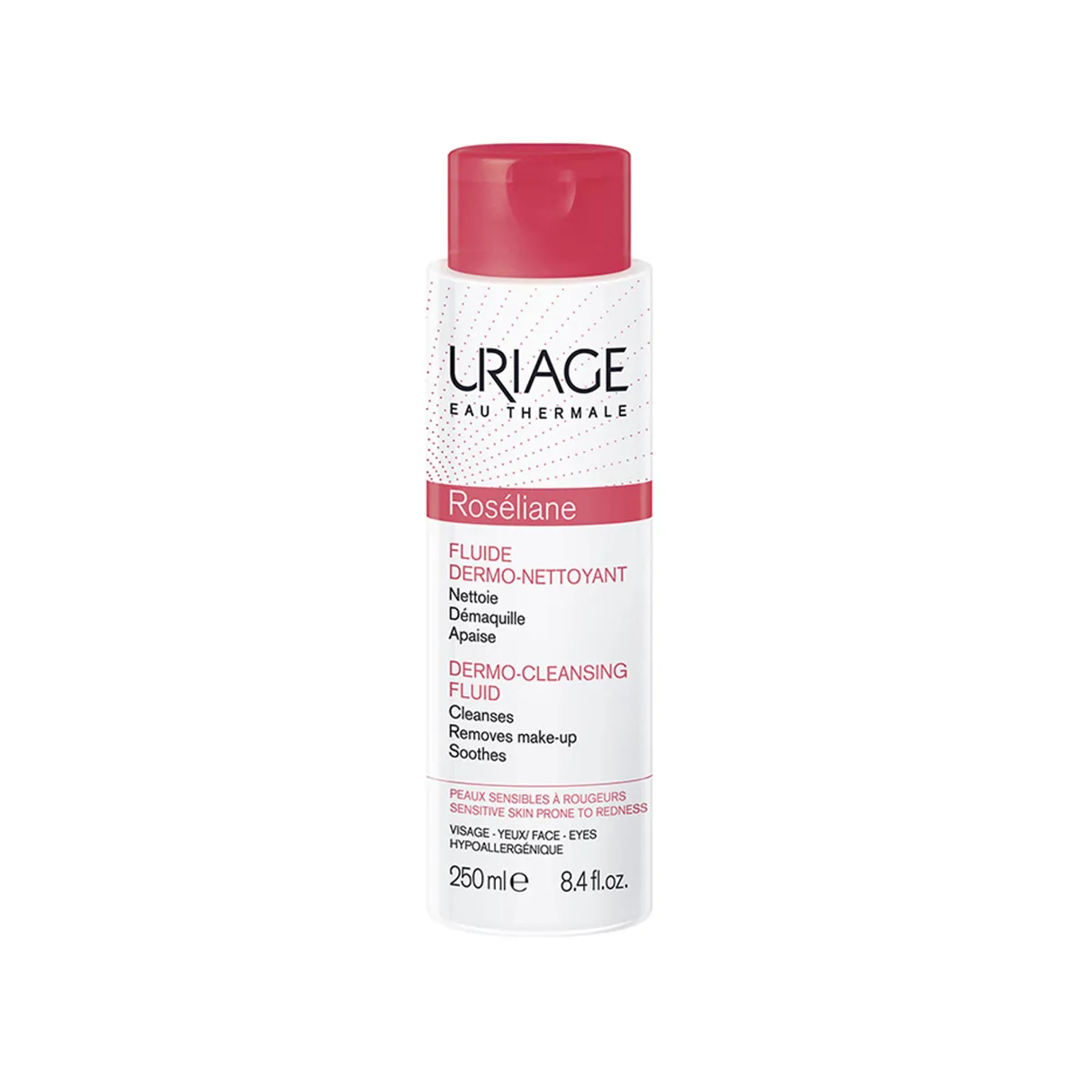 Uriage Roséliane Dermo-Cleansing Fluid fluid pastrues dhe demakijues për lëkurë me skuqje Uriage