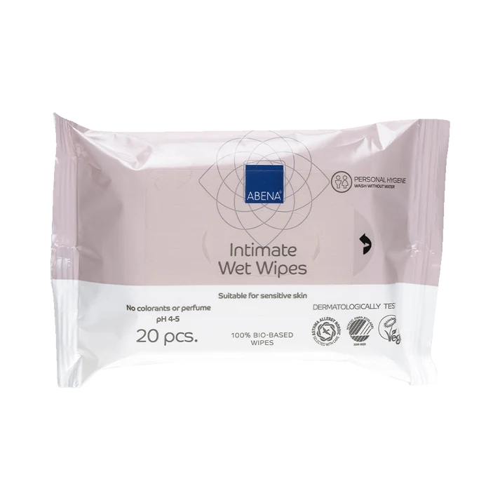 ABENA Intimate Wet Wipes, paketim me 20 peceta të buta prej viskoze për higjienën intime dhe lëkurën e ndjeshme.