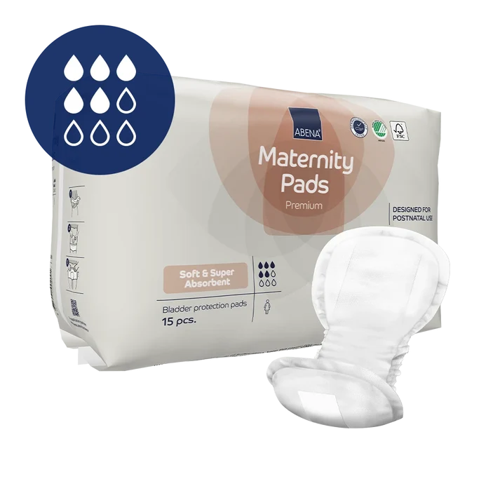 ABENA Maternity Pads, paketim me 15 peceta absorbuese për higjienën dhe mbrojtjen pas lindjes.