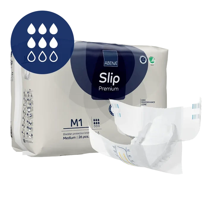 ABENA Slip Premium M1, paketim me 10 pelena anatomike me ngjitëse për menaxhimin e inkontinencës.