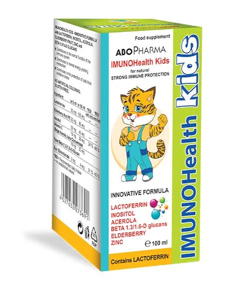 AboPharma ImunoHealth Kids, shishe 100 ml me laktoferrinë, beta-glukanë, acerola, elderberry, inozitol dhe zink për fëmijë.