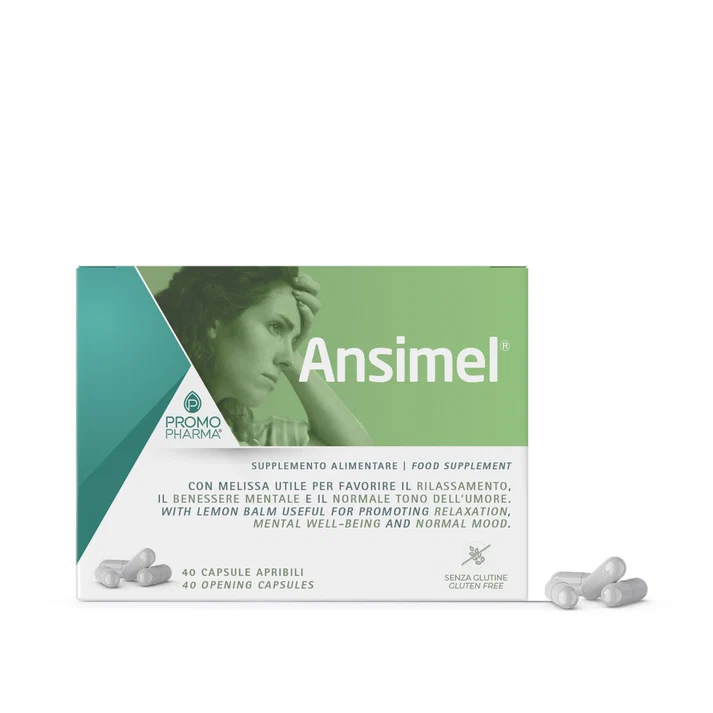 Paketim Ansimel PromoPharma me 40 kapsula me melisë, murriz dhe bli për relaksim dhe mirëqenie mendore.