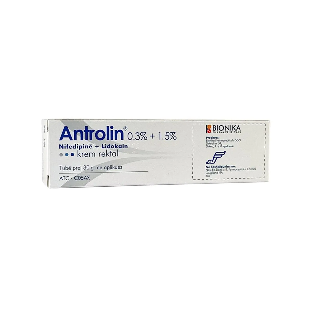 Antrolin krem rektal 30 g me nifedipinë 0.3 përqind dhe lidokainë 1.5 përqind