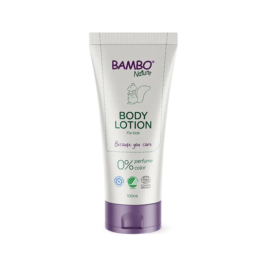 Bambo Nature Body Lotion në format 100 ml, locion hidratues pa parfum për lëkurën delikate të bebes.