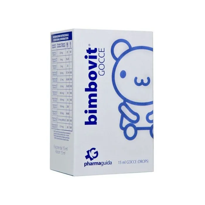 Bimbovit Gocce, multivitaminë pediatrike në pika me vitamina A, C, D3, E, K1 dhe kompleksin B.