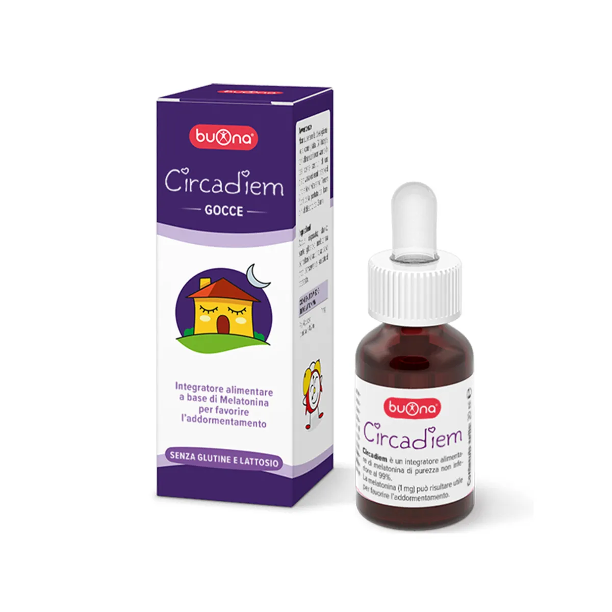 Buona Circadiem në pika me 1 mg melatoninë për dozë, për rutinën e gjumit te fëmijët mbi 3 vjeç.