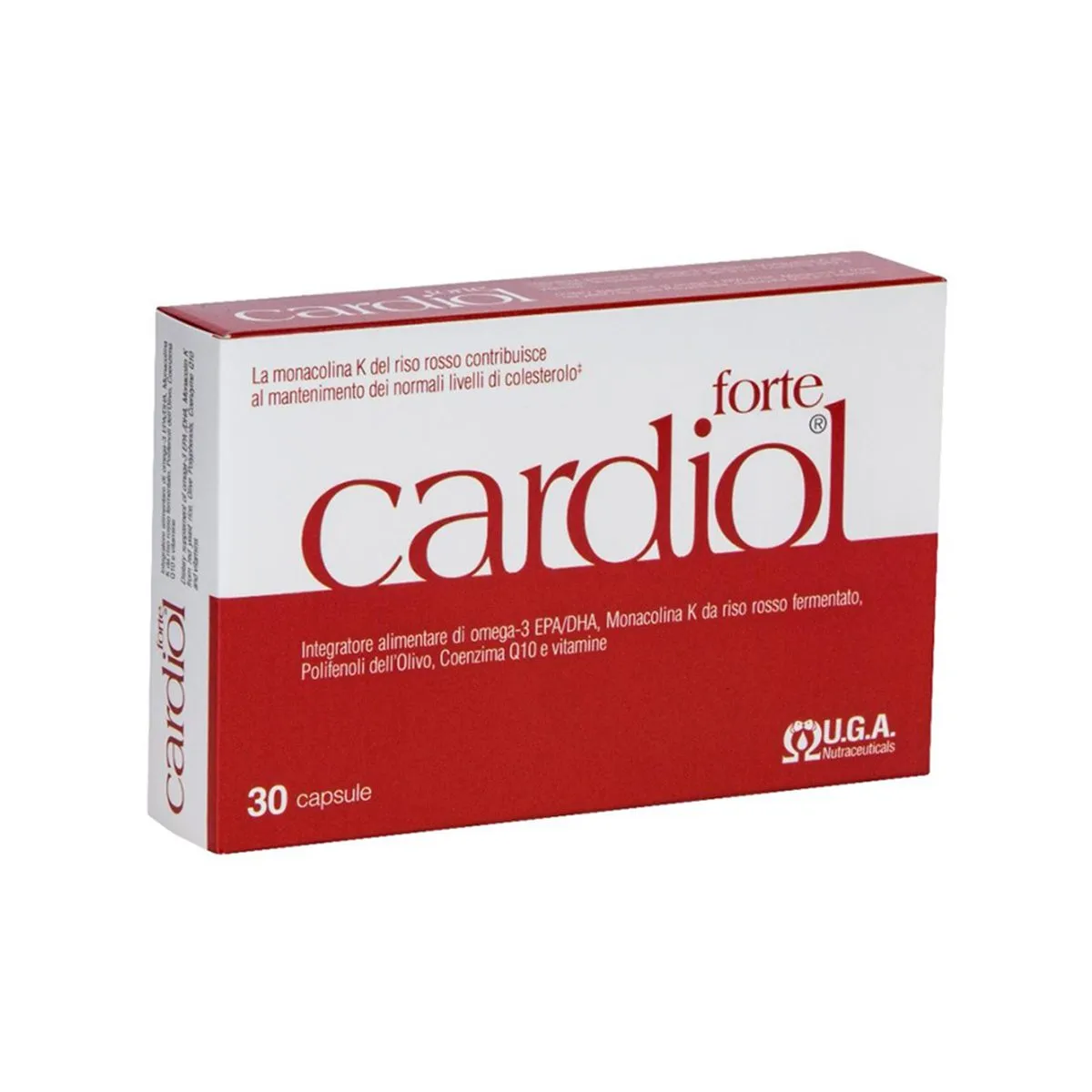 Paketim Cardiol Forte me 90 minicapsule që kombinojnë omega-3 EPA dhe DHA, CoQ10, red yeast rice, ekstrakt ulliri dhe vitaminë E për zemrën.
