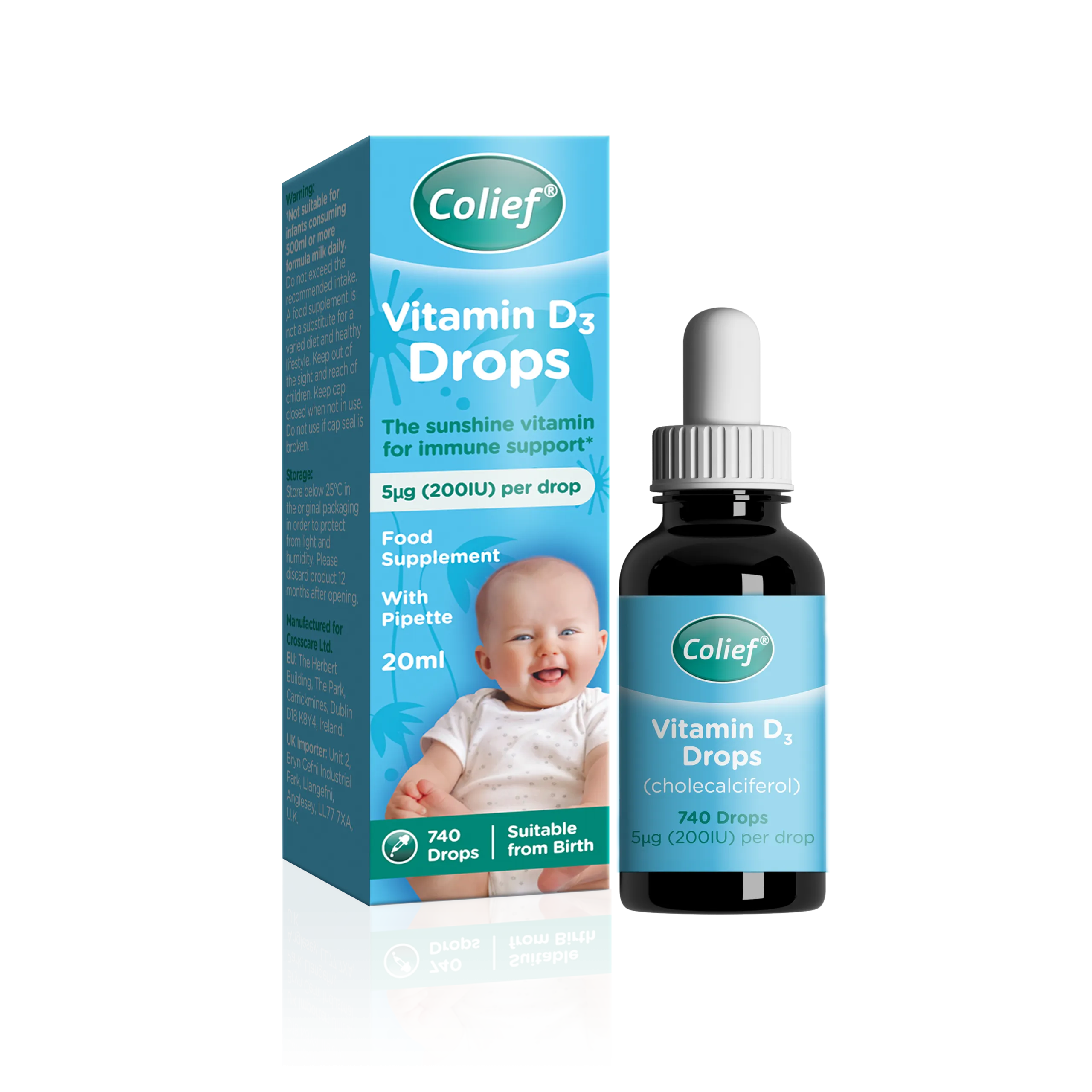 Colief Vitamin D3 Drops në pika për foshnja që nga lindja, pa aroma, sheqer të shtuar, konservues dhe ngjyrues.
