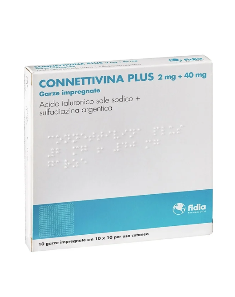 Connettivina Plus 10 garza 10x10 cm me acid hialuronik dhe sulfadiazinë argjendi