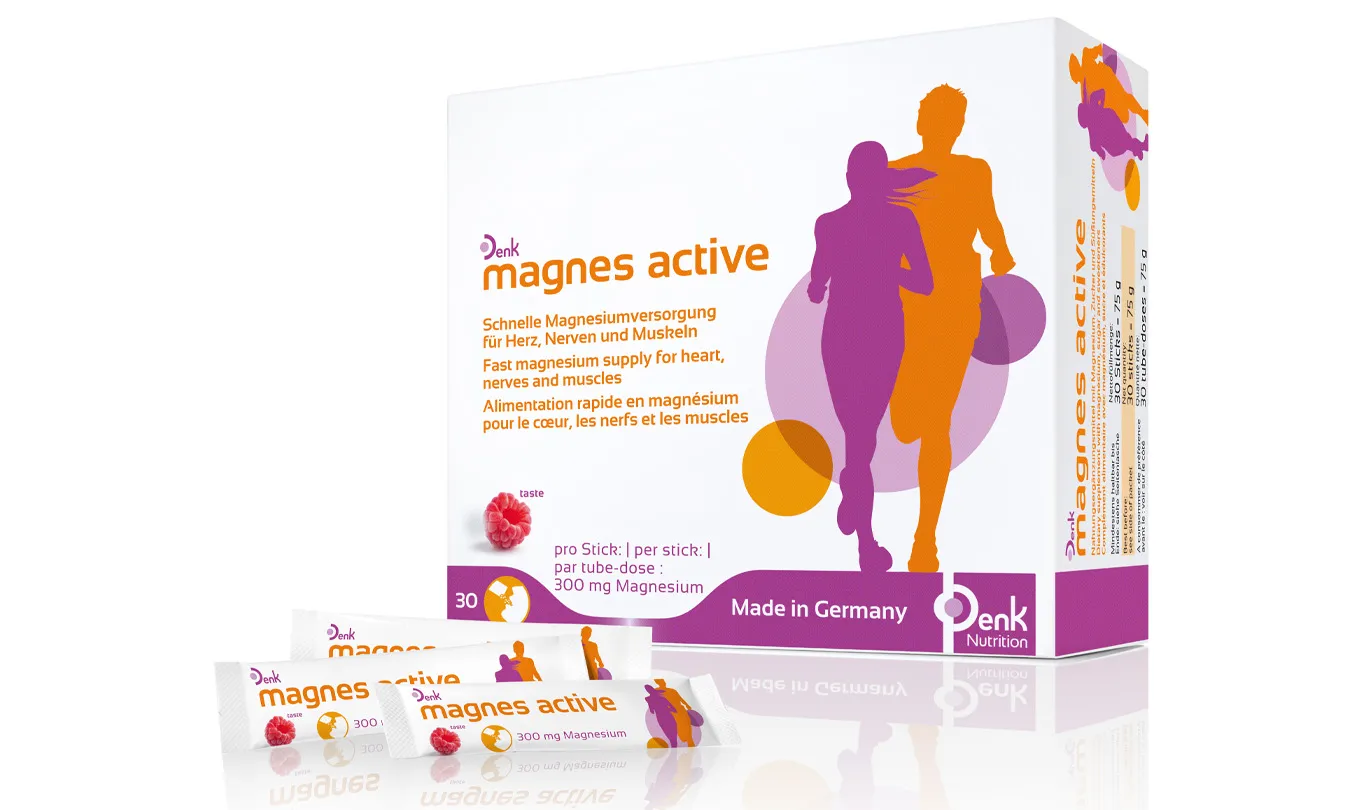 Denk Pharma Magnes Active, kuti me 30 sticks oralë që sigurojnë 300 mg magnez për energjinë, muskujt dhe sistemin nervor.