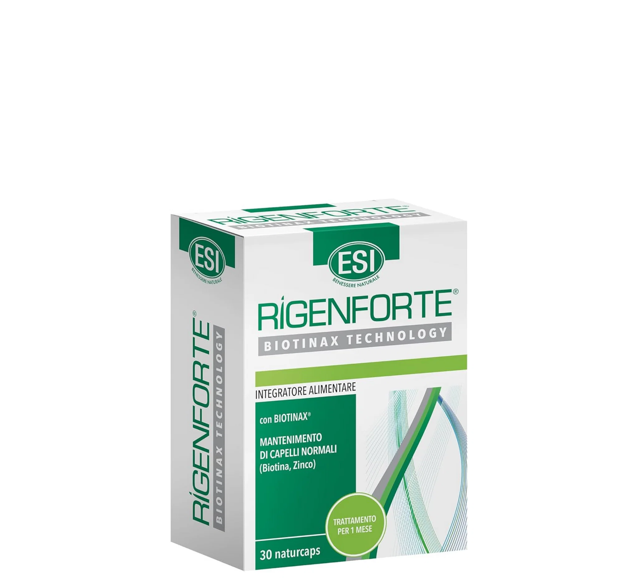 Paketim ESI Rigenforte Naturcaps Retard me 30 kapsula dhe Biotinax® të patentuar për mbështetjen e flokëve të dobësuar dhe të brishtë.
