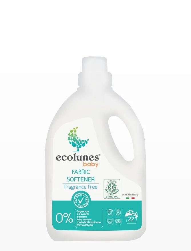 Ecolunes Baby Fabric Softener në shishe 1 L, zbutës pa parfum me agjentë zbutës me origjinë bimore për rrobat e bebeve.