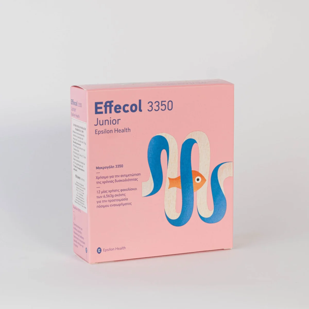 Epsilon Health Effecol 3350 Junior, kuti me 12 bustina pluhur me Macrogol 3350 për trajtimin e kapsllëkut te fëmijët mbi 2 vjeç.