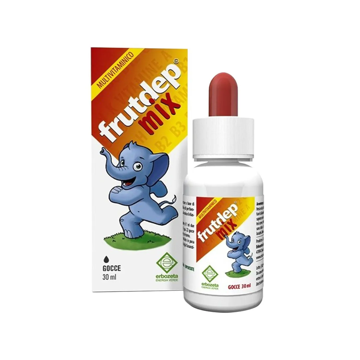 Erbozeta Frutdep Mix në pika me vitamina A, C, D3, E, K1, folat, biotinë dhe vitaminat e grupit B për fëmijë.