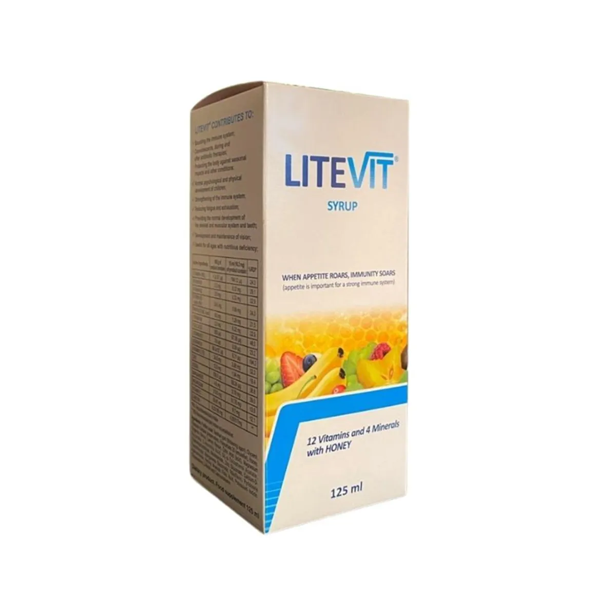Esensa Litevit në flakon 125 ml, shurup multivitaminik për fëmijë me 12 vitamina dhe 4 minerale.