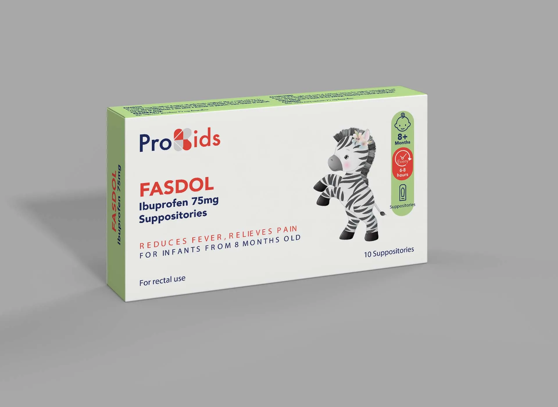 Paketim Fasdol 75 mg Profarma me 10 supozitorë ibuprofen për lehtësimin e temperaturës dhe dhimbjes te fëmijët.