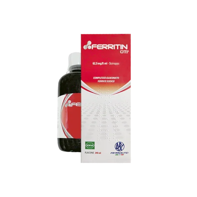 Ferritin OTI, shishe 240 ml me kompleks glukonat ferrik natriumi që siguron 62.5 mg hekur ferrik për çdo 8 ml solucion oral.