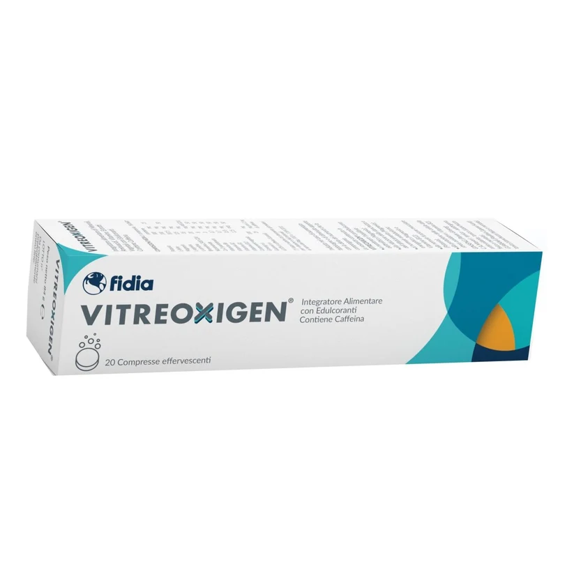 Paketim Fidia Vitreoxigen me 20 tableta eferveshente me aminoacide, minerale, vitamina B dhe ekstrakte bimore për mbështetjen ushqyese të trupit qelqor.