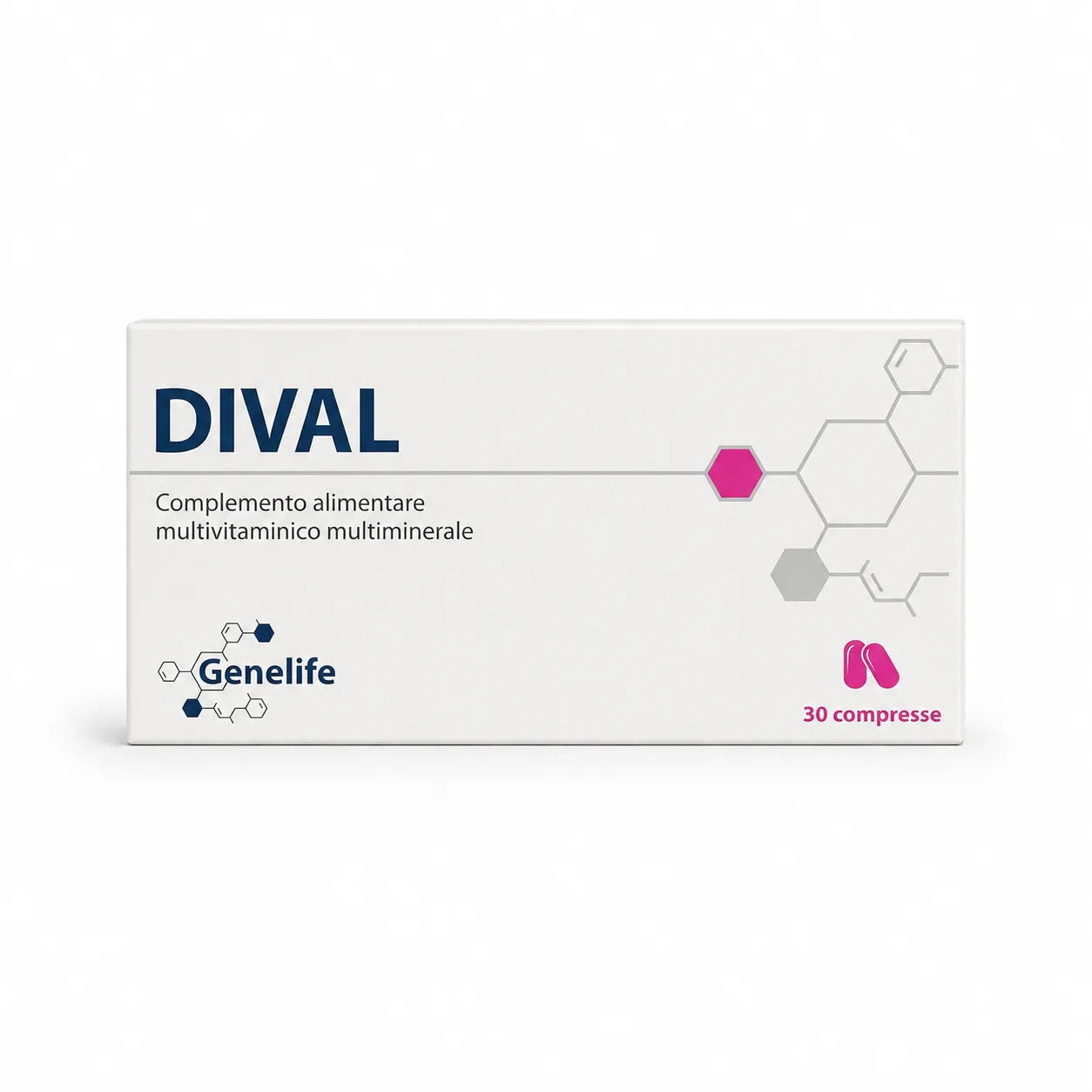 Paketim Genelife Dival X me 30 tableta, kompleks multivitaminash dhe mineralesh për energjinë, imunitetin dhe plotësimin e nevojave ushqyese.
