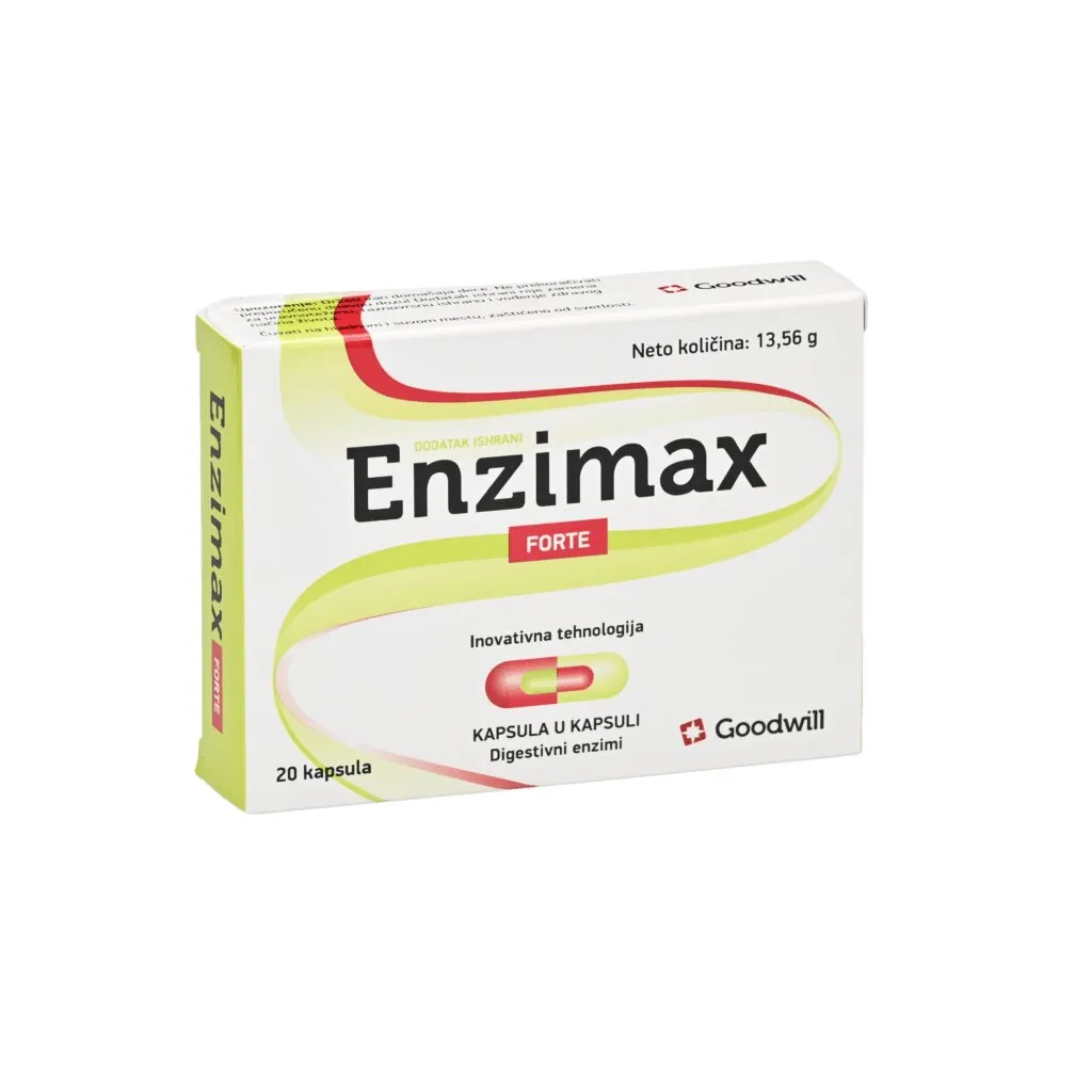 Paketim Goodwill Enzimax Forte me 20 kapsula dhe teknologji capsule-in-capsule me lipazë, amilazë, glukoamilazë dhe proteaza për tretjen.