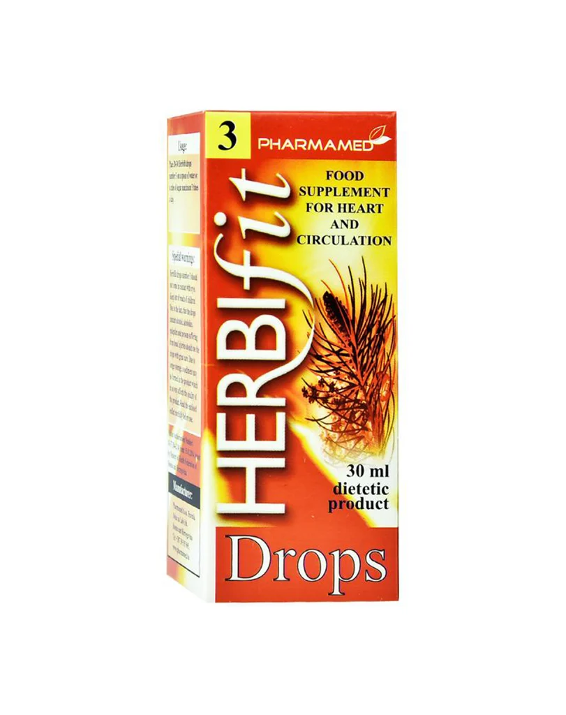 Shishe Pharmamed Herbifit Drops Nr. 3 me 30 ml pika bimore me murriz, valerianë, kalendulë, melisë dhe veshtull për zemrën dhe qarkullimin.