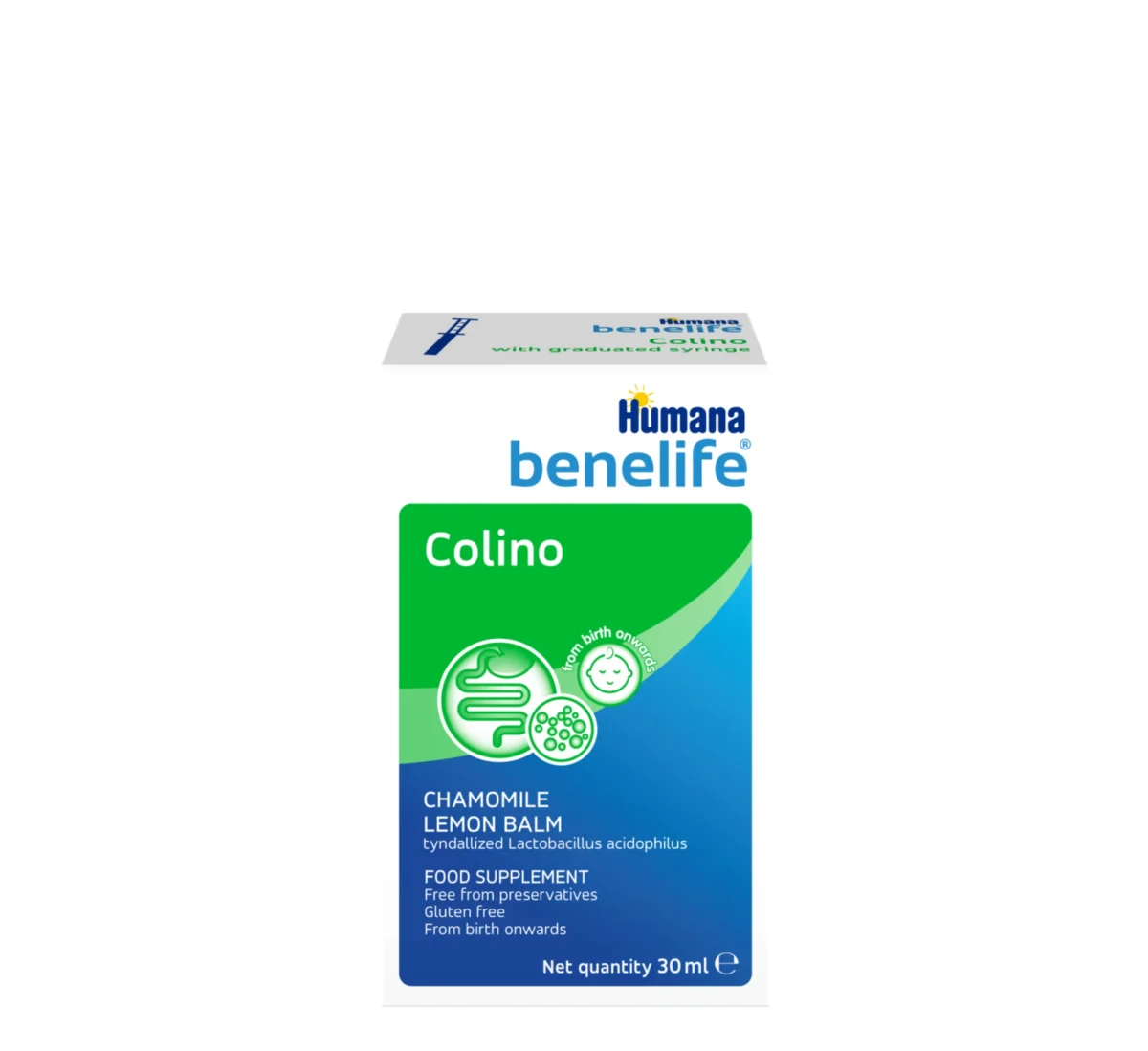 Humana Benelife Colino në pika me kamomil, melisa dhe Lactobacillus acidophilus të tindalizuar për komfortin tretës të foshnjave.